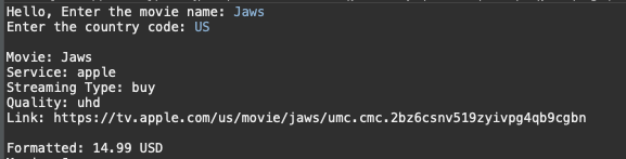 Streaming Availability CLI output showing streaming service, price, and link for a movie search